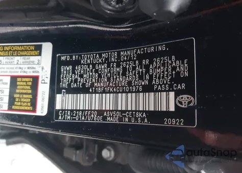 2012 Toyota Camry Se z USA, uszkodzony, nr VIN 4T1BF1FK4CU101976